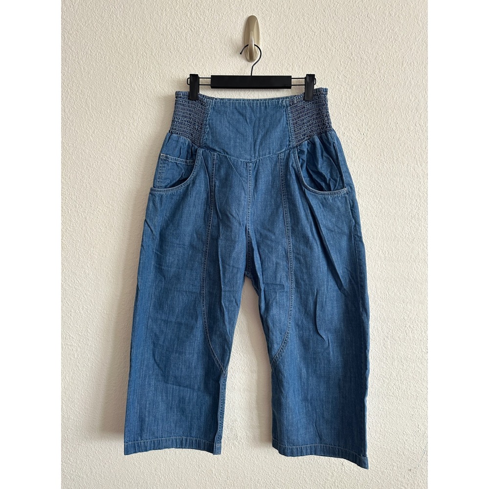 Free People We The Free Lunan Crop Harem Jeans Blue Smocked High Rise Boho Small